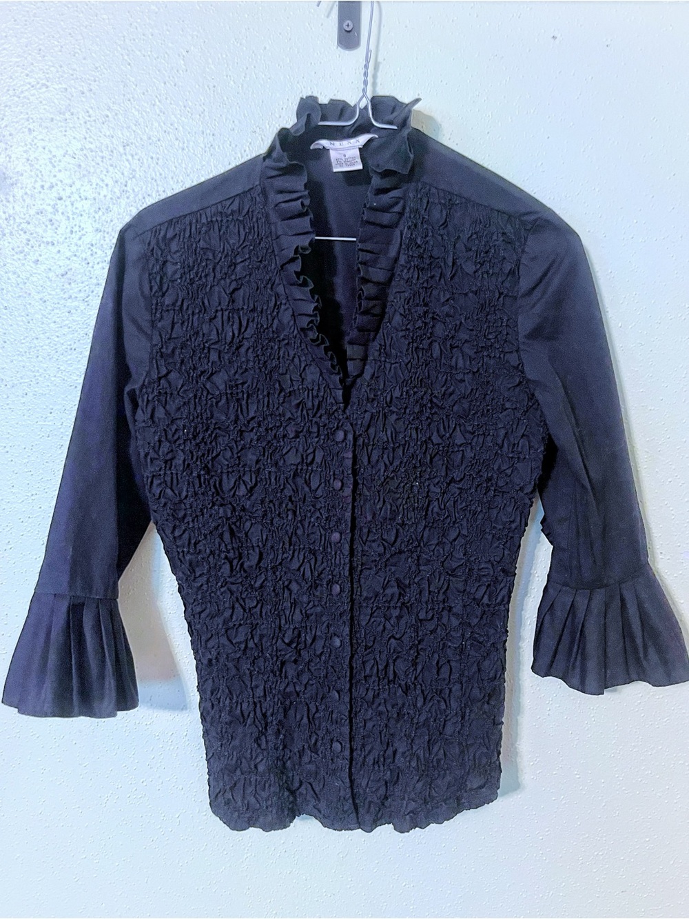 Nexx Vtg Y2K Black Crinkle Ruffle Blouse Flare Cuff small, 18” p2p gothic EUC
